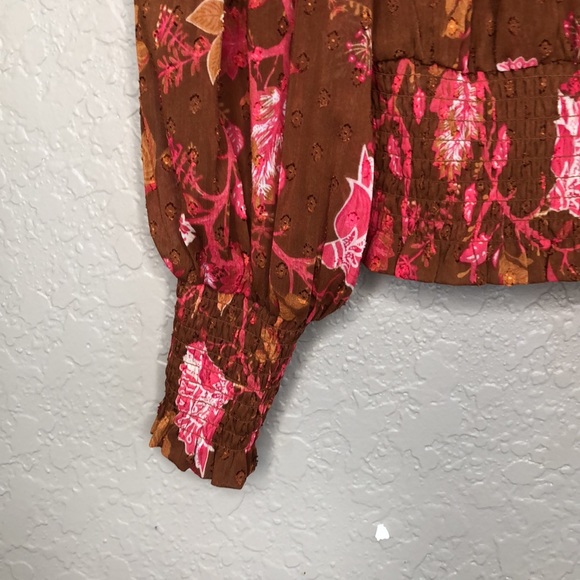 JOIE Pink And Brown Floral Polyester Smocked cuffs/Hem Blouse - Picture 5 of 8